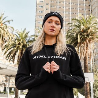 front on shot of blond lady showing black beanie womens