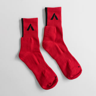 close up of red crew socks